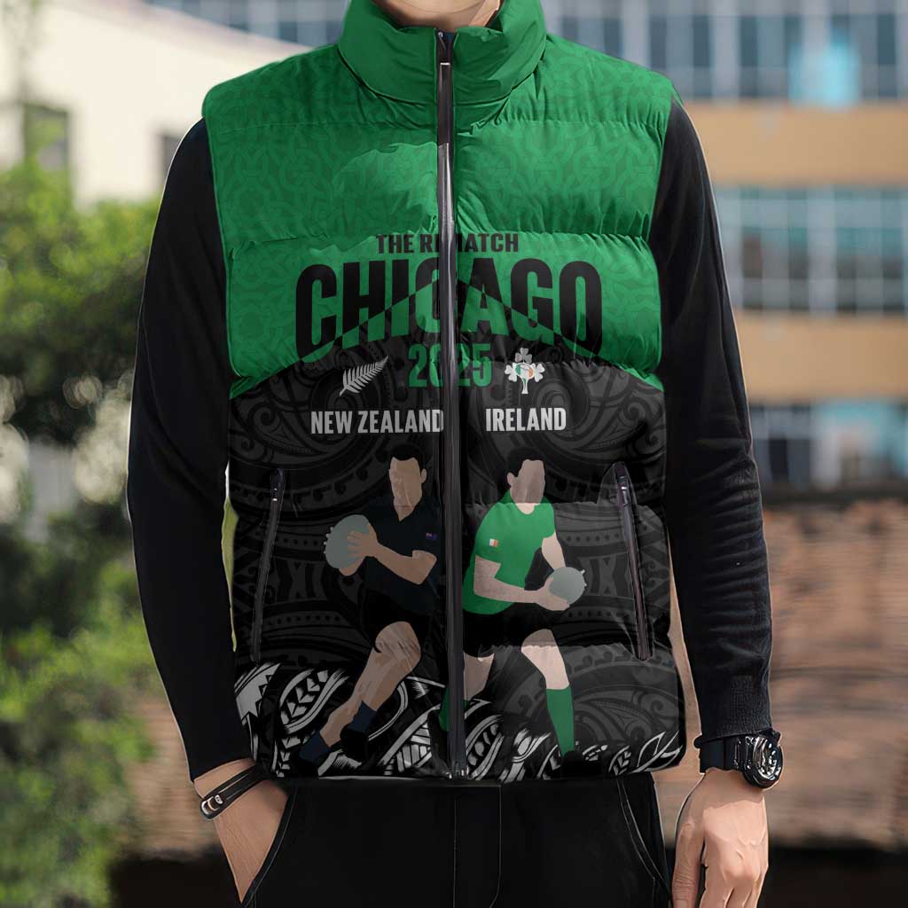 New Zealand and Ireland Rugby Custom Sleeveless Puffer Jacket Chicago 2025 Go All Black Shamrocks - Aussie Hoodie