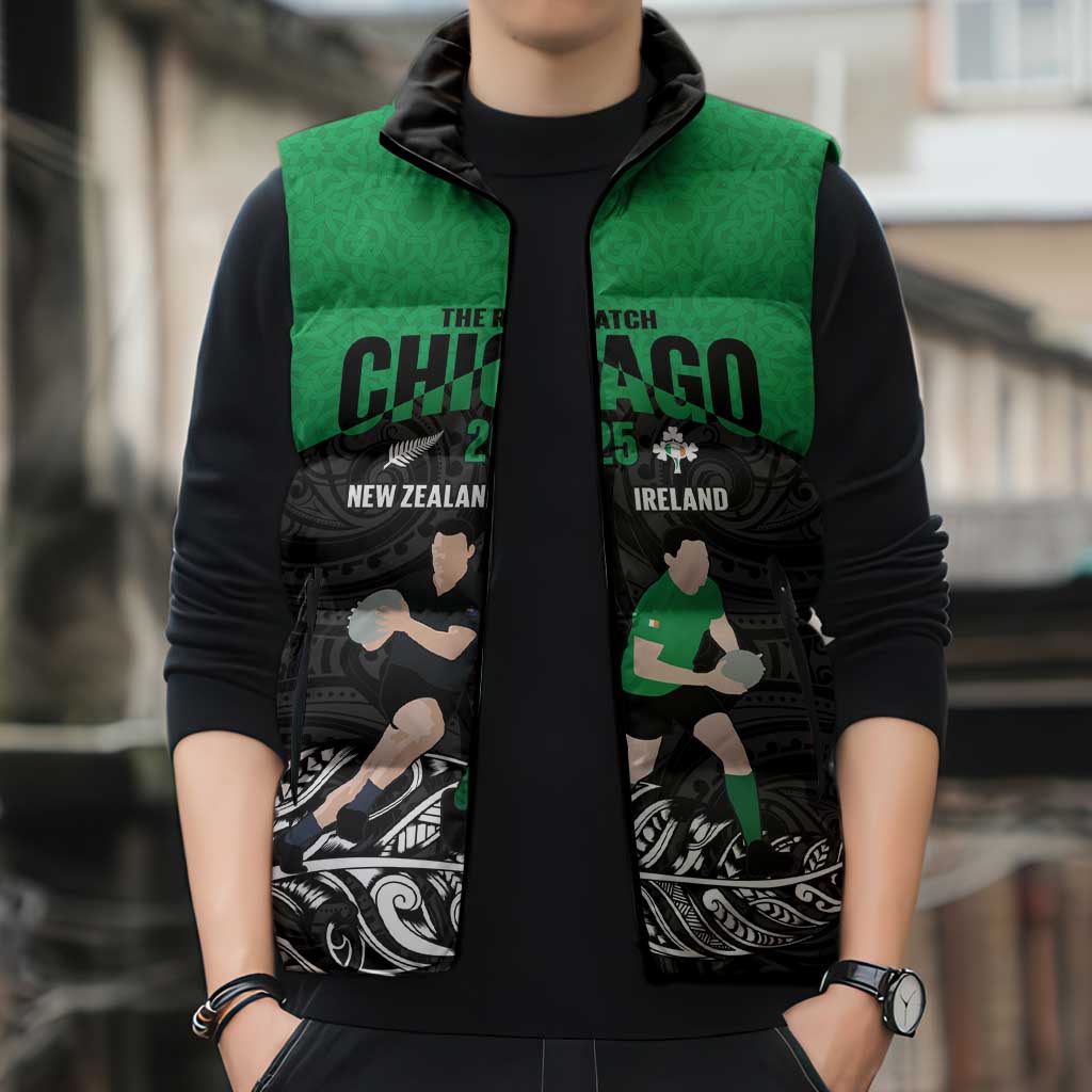 New Zealand and Ireland Rugby Custom Sleeveless Puffer Jacket Chicago 2025 Go All Black Shamrocks - Aussie Hoodie