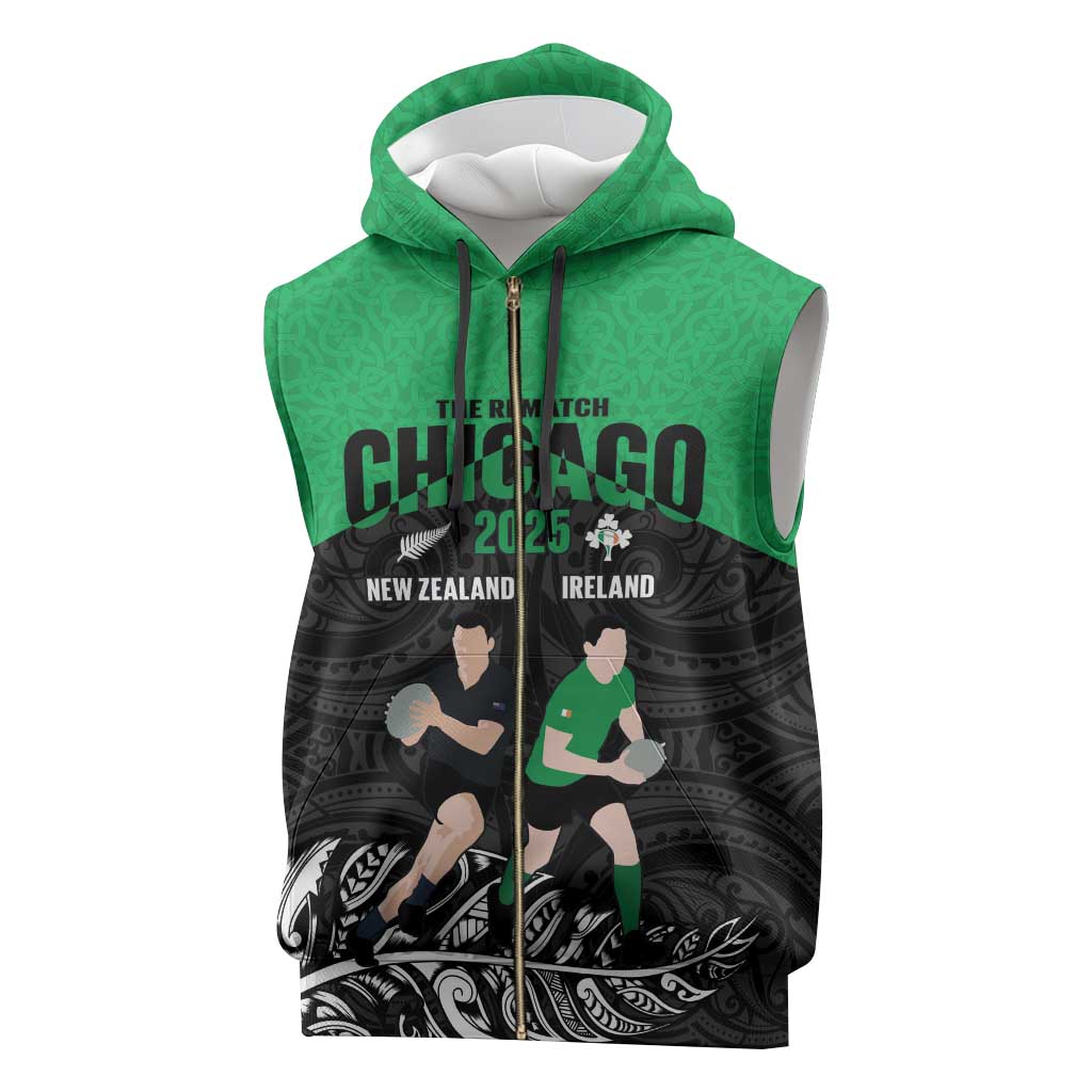 New Zealand and Ireland Rugby Custom Sleeveless Zip Hoodie Chicago 2025 Go All Black Shamrocks - Aussie Hoodie