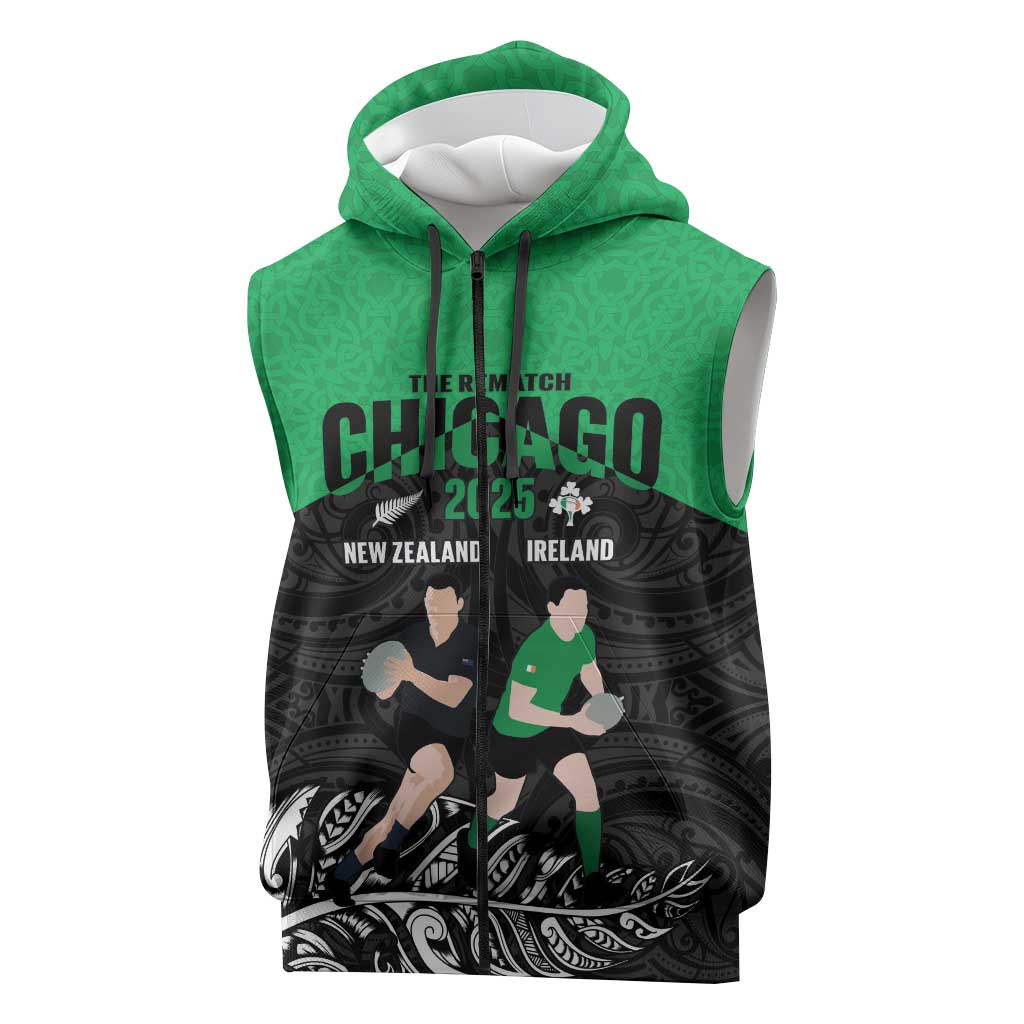 New Zealand and Ireland Rugby Custom Sleeveless Zip Hoodie Chicago 2025 Go All Black Shamrocks LT14