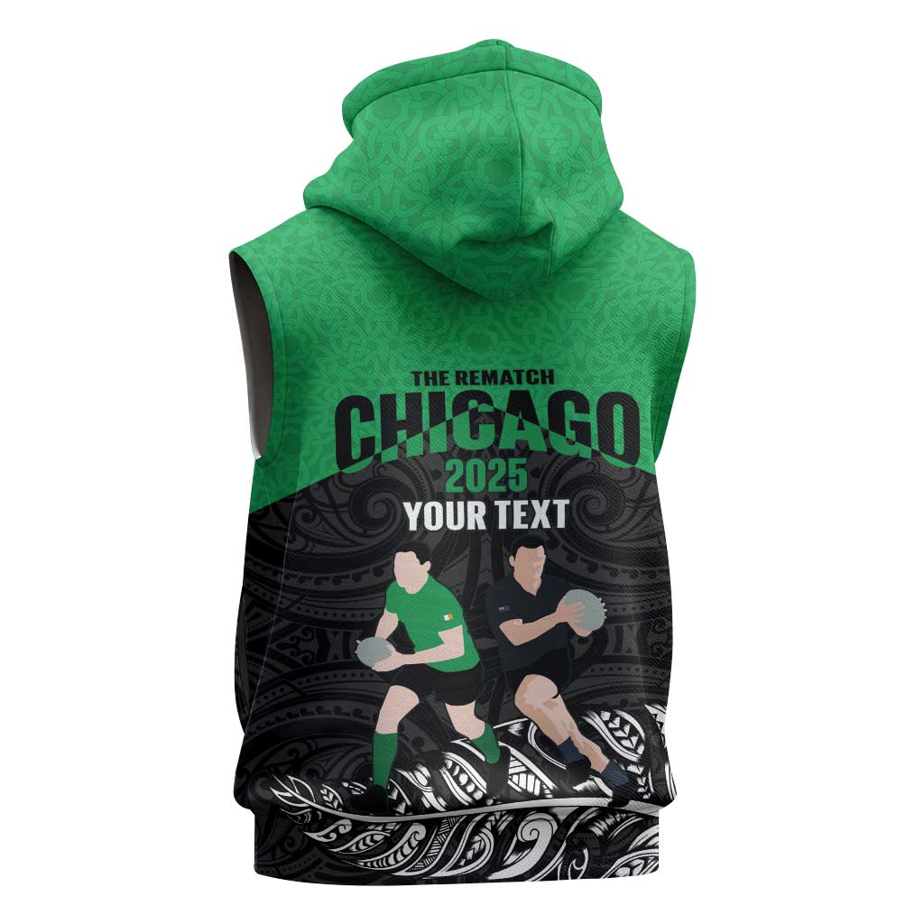 New Zealand and Ireland Rugby Custom Sleeveless Zip Hoodie Chicago 2025 Go All Black Shamrocks - Aussie Hoodie