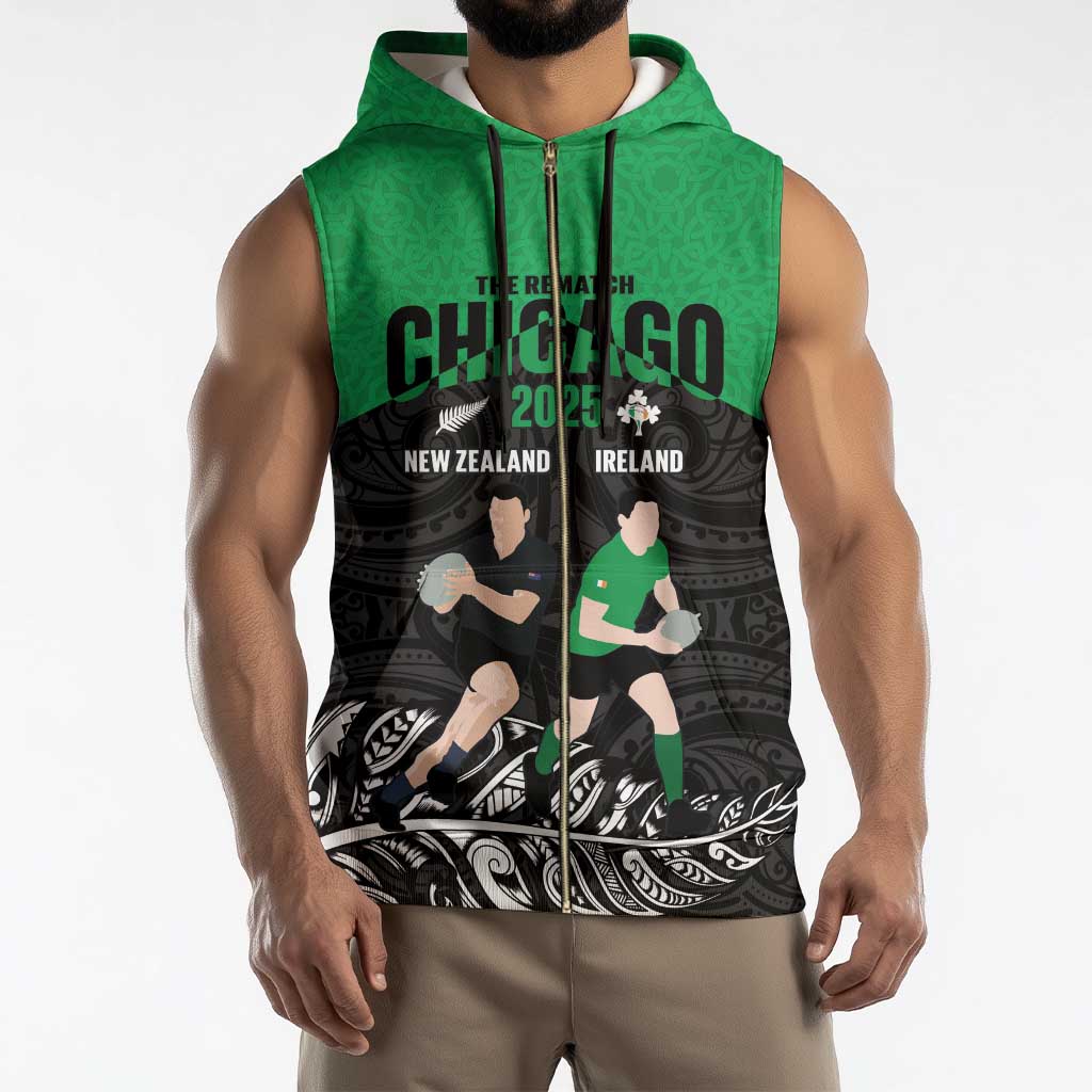 New Zealand and Ireland Rugby Custom Sleeveless Zip Hoodie Chicago 2025 Go All Black Shamrocks - Aussie Hoodie