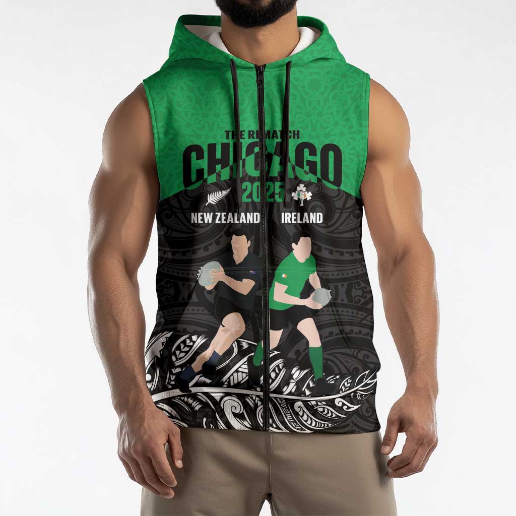 New Zealand and Ireland Rugby Custom Sleeveless Zip Hoodie Chicago 2025 Go All Black Shamrocks LT14