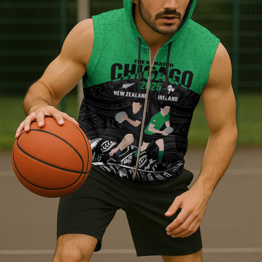 New Zealand and Ireland Rugby Custom Sleeveless Zip Hoodie Chicago 2025 Go All Black Shamrocks - Aussie Hoodie