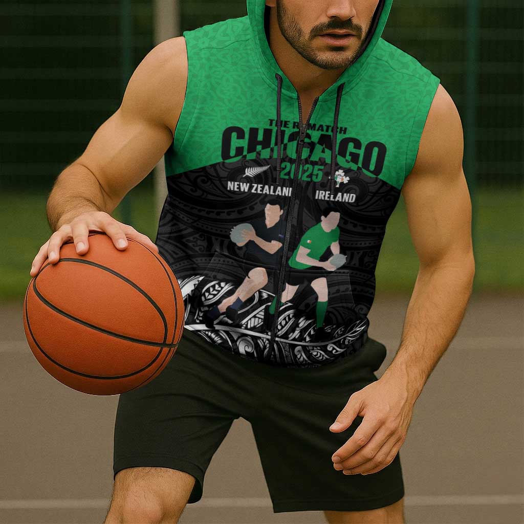 New Zealand and Ireland Rugby Custom Sleeveless Zip Hoodie Chicago 2025 Go All Black Shamrocks LT14