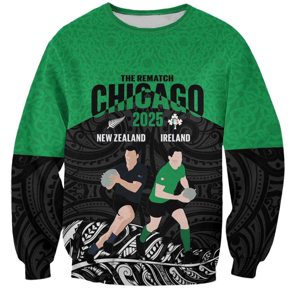 New Zealand and Ireland Rugby Custom Sweatshirt Chicago 2025 Go All Black Shamrocks - Aussie Hoodie