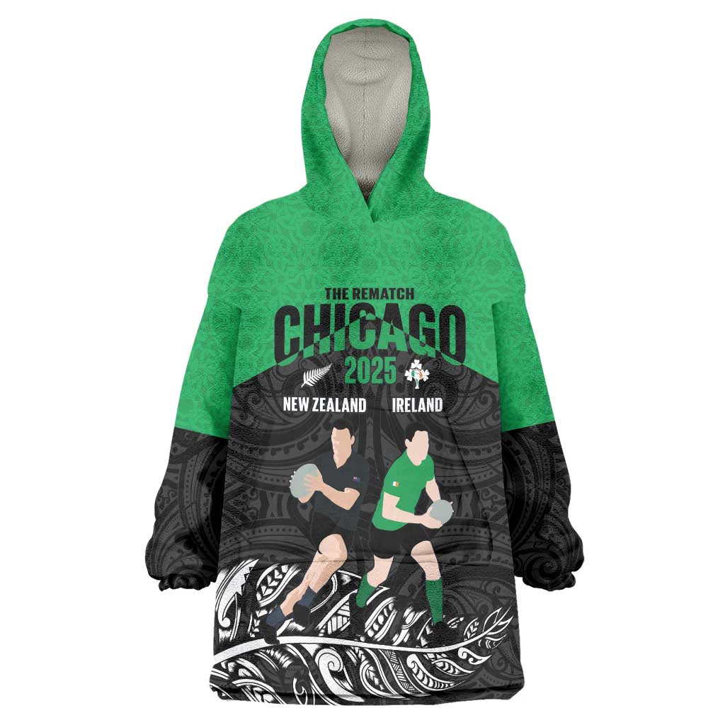 New Zealand and Ireland Rugby Custom Wearable Blanket Hoodie Chicago 2025 Go All Black Shamrocks - Aussie Hoodie