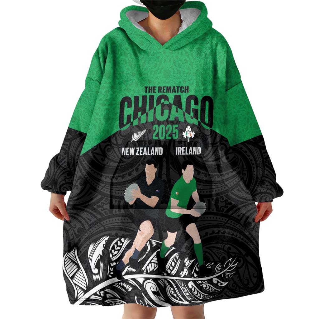 New Zealand and Ireland Rugby Custom Wearable Blanket Hoodie Chicago 2025 Go All Black Shamrocks - Aussie Hoodie