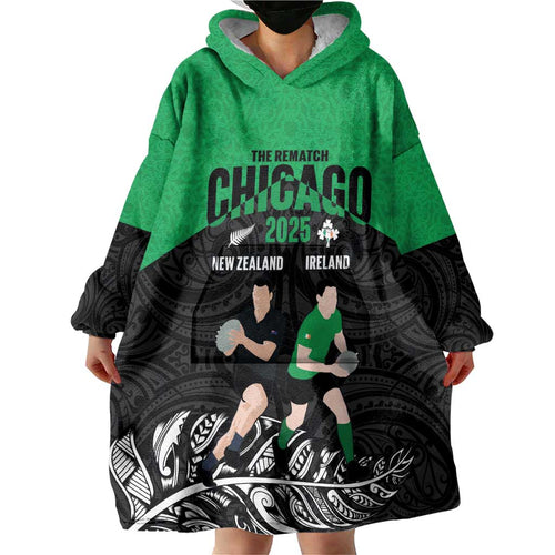 New Zealand and Ireland Rugby Custom Wearable Blanket Hoodie Chicago 2025 Go All Black Shamrocks - Aussie Hoodie