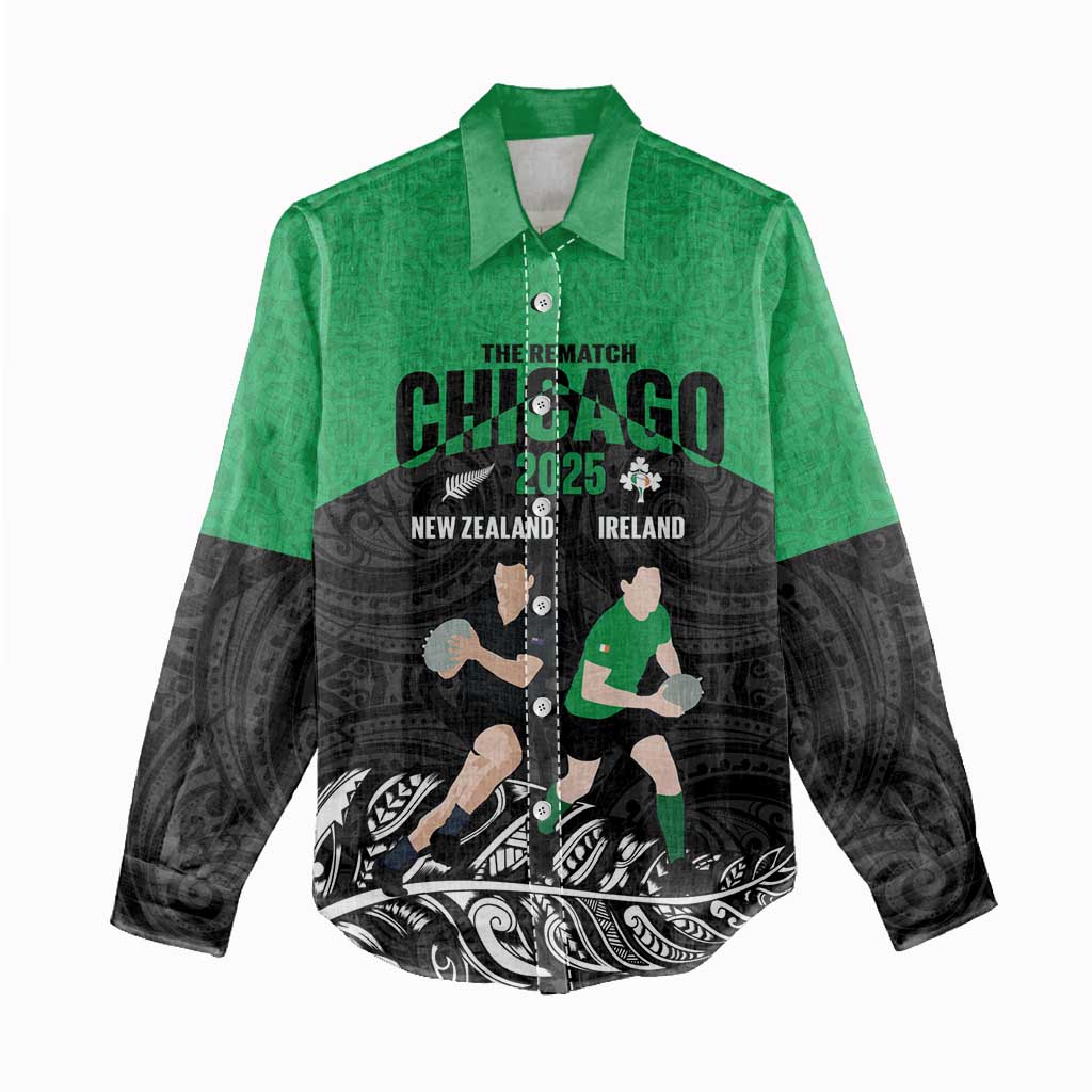 New Zealand and Ireland Rugby Custom Women Casual Shirt Chicago 2025 Go All Black Shamrocks - Aussie Hoodie