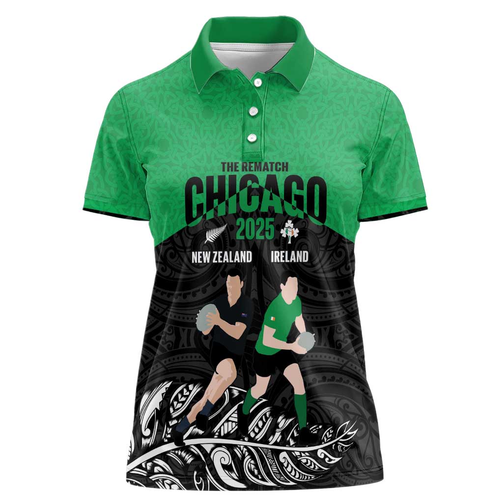 New Zealand and Ireland Rugby Custom Women Polo Shirt Chicago 2025 Go All Black Shamrocks - Aussie Hoodie