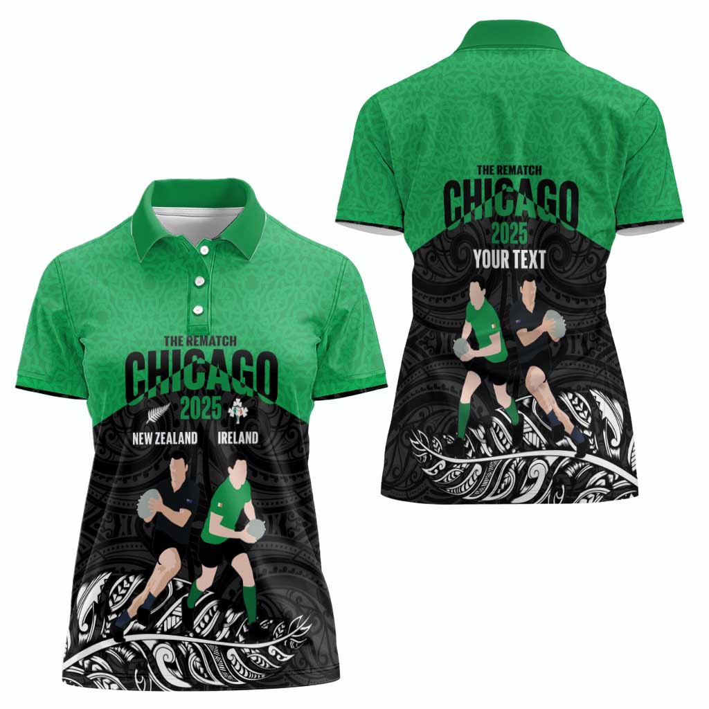 New Zealand and Ireland Rugby Custom Women Polo Shirt Chicago 2025 Go All Black Shamrocks - Aussie Hoodie