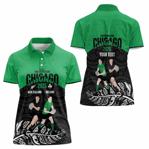 New Zealand and Ireland Rugby Custom Women Polo Shirt Chicago 2025 Go All Black Shamrocks - Aussie Hoodie