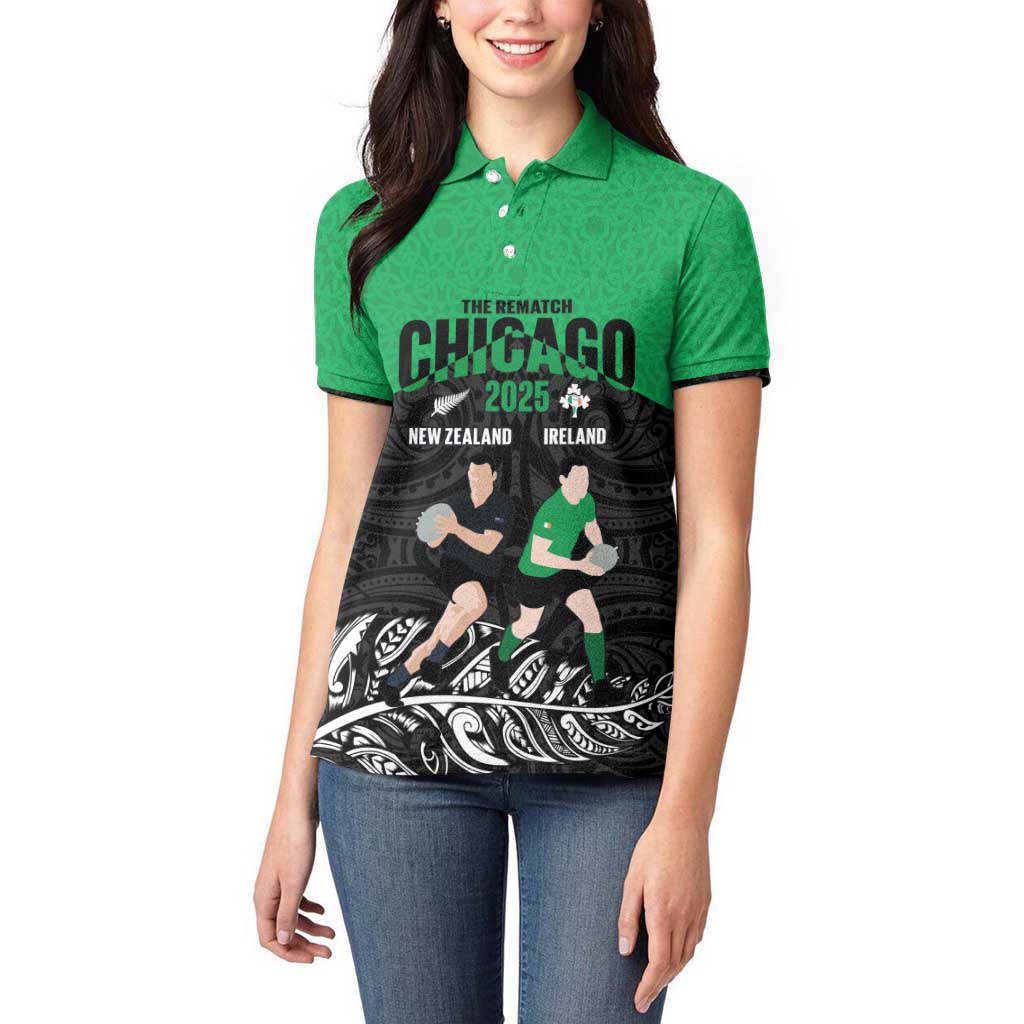New Zealand and Ireland Rugby Custom Women Polo Shirt Chicago 2025 Go All Black Shamrocks - Aussie Hoodie