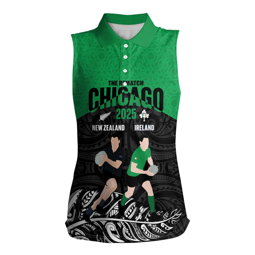 New Zealand and Ireland Rugby Custom Women Sleeveless Polo Shirt Chicago 2025 Go All Black Shamrocks - Aussie Hoodie