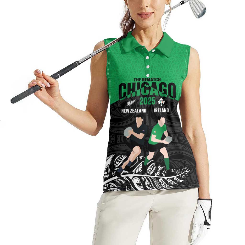 New Zealand and Ireland Rugby Custom Women Sleeveless Polo Shirt Chicago 2025 Go All Black Shamrocks - Aussie Hoodie