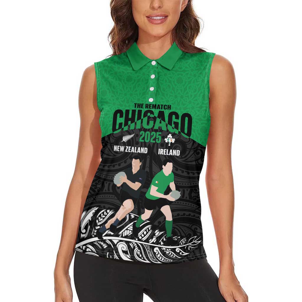 New Zealand and Ireland Rugby Custom Women Sleeveless Polo Shirt Chicago 2025 Go All Black Shamrocks - Aussie Hoodie