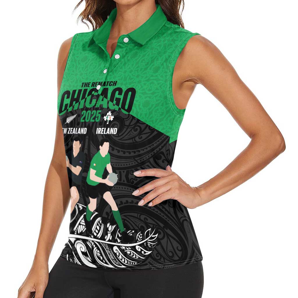 New Zealand and Ireland Rugby Custom Women Sleeveless Polo Shirt Chicago 2025 Go All Black Shamrocks - Aussie Hoodie