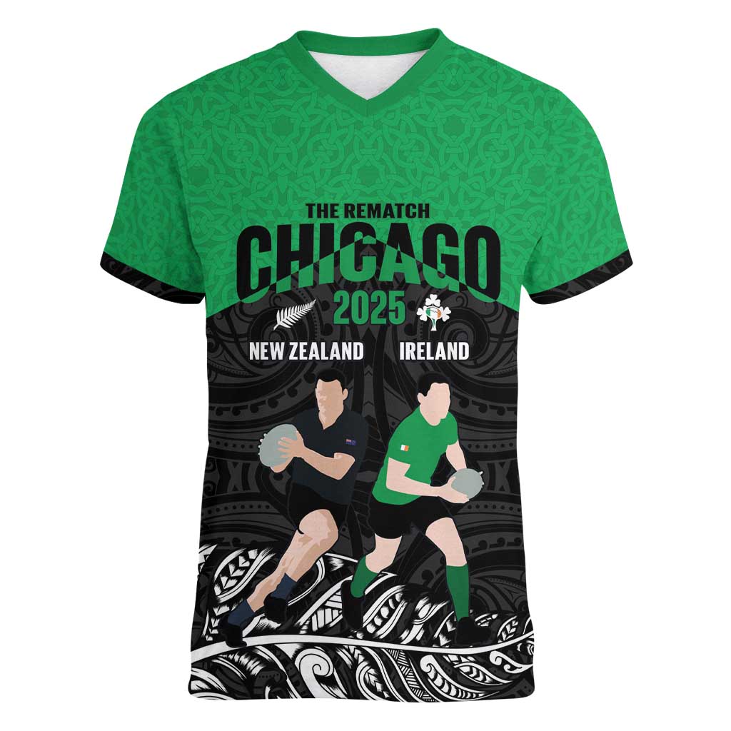 New Zealand and Ireland Rugby Custom Women V-Neck T-Shirt Chicago 2025 Go All Black Shamrocks - Aussie Hoodie