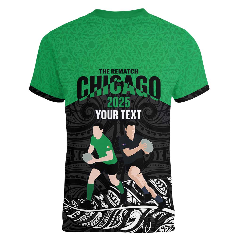 New Zealand and Ireland Rugby Custom Women V-Neck T-Shirt Chicago 2025 Go All Black Shamrocks - Aussie Hoodie