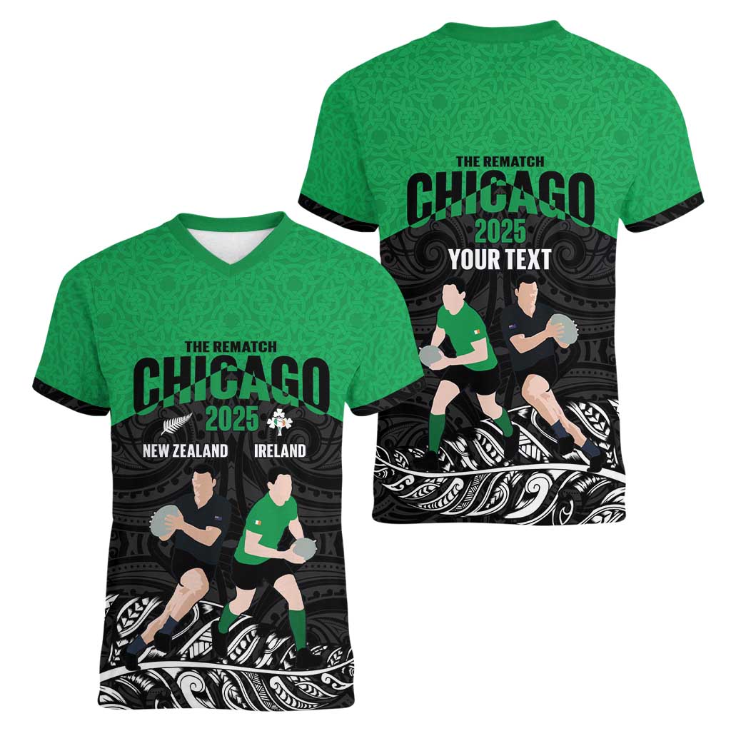 New Zealand and Ireland Rugby Custom Women V-Neck T-Shirt Chicago 2025 Go All Black Shamrocks - Aussie Hoodie