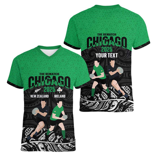 New Zealand and Ireland Rugby Custom Women V-Neck T-Shirt Chicago 2025 Go All Black Shamrocks - Aussie Hoodie