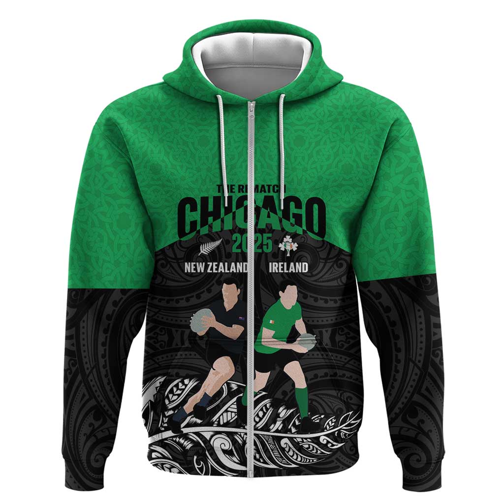 New Zealand and Ireland Rugby Custom Zip Hoodie Chicago 2025 Go All Black Shamrocks - Aussie Hoodie
