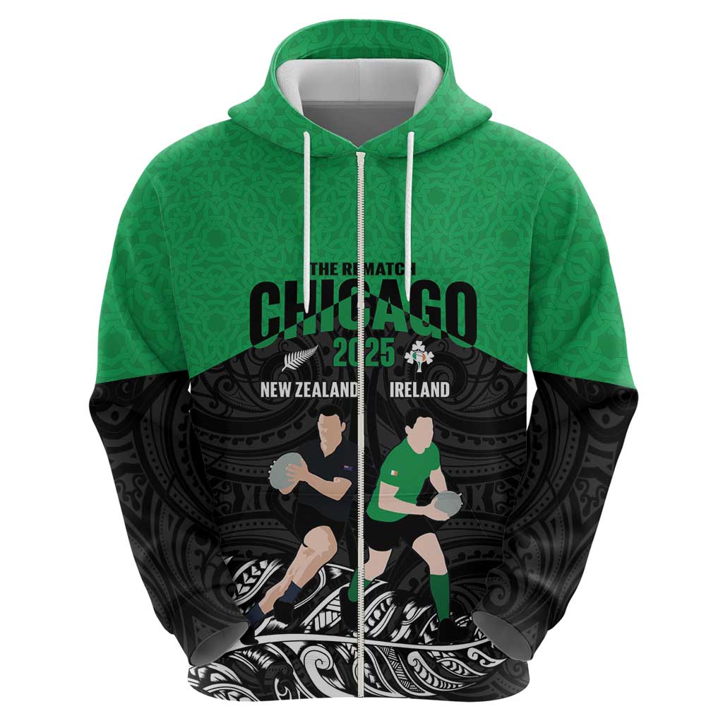 New Zealand and Ireland Rugby Custom Zip Hoodie Chicago 2025 Go All Black Shamrocks - Aussie Hoodie
