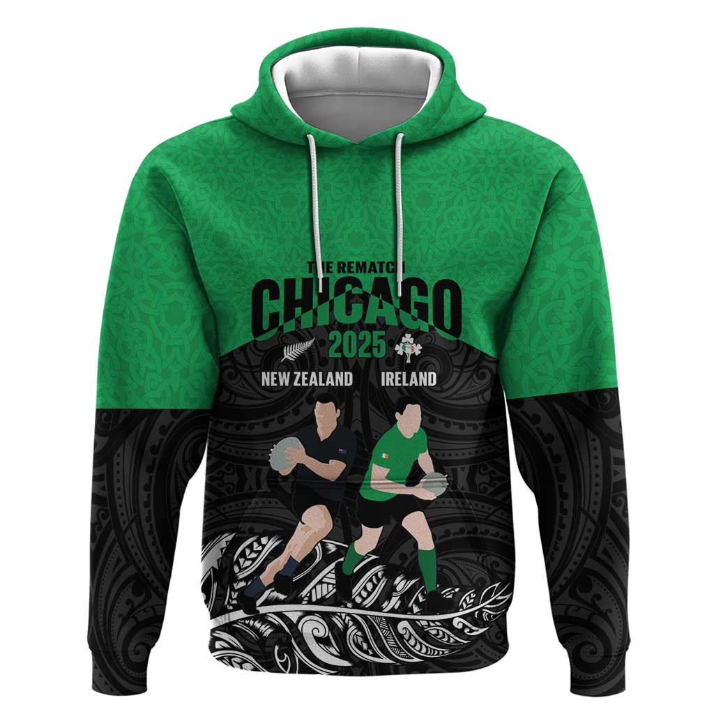 New Zealand and Ireland Rugby Custom Zip Hoodie Chicago 2025 Go All Black Shamrocks - Aussie Hoodie