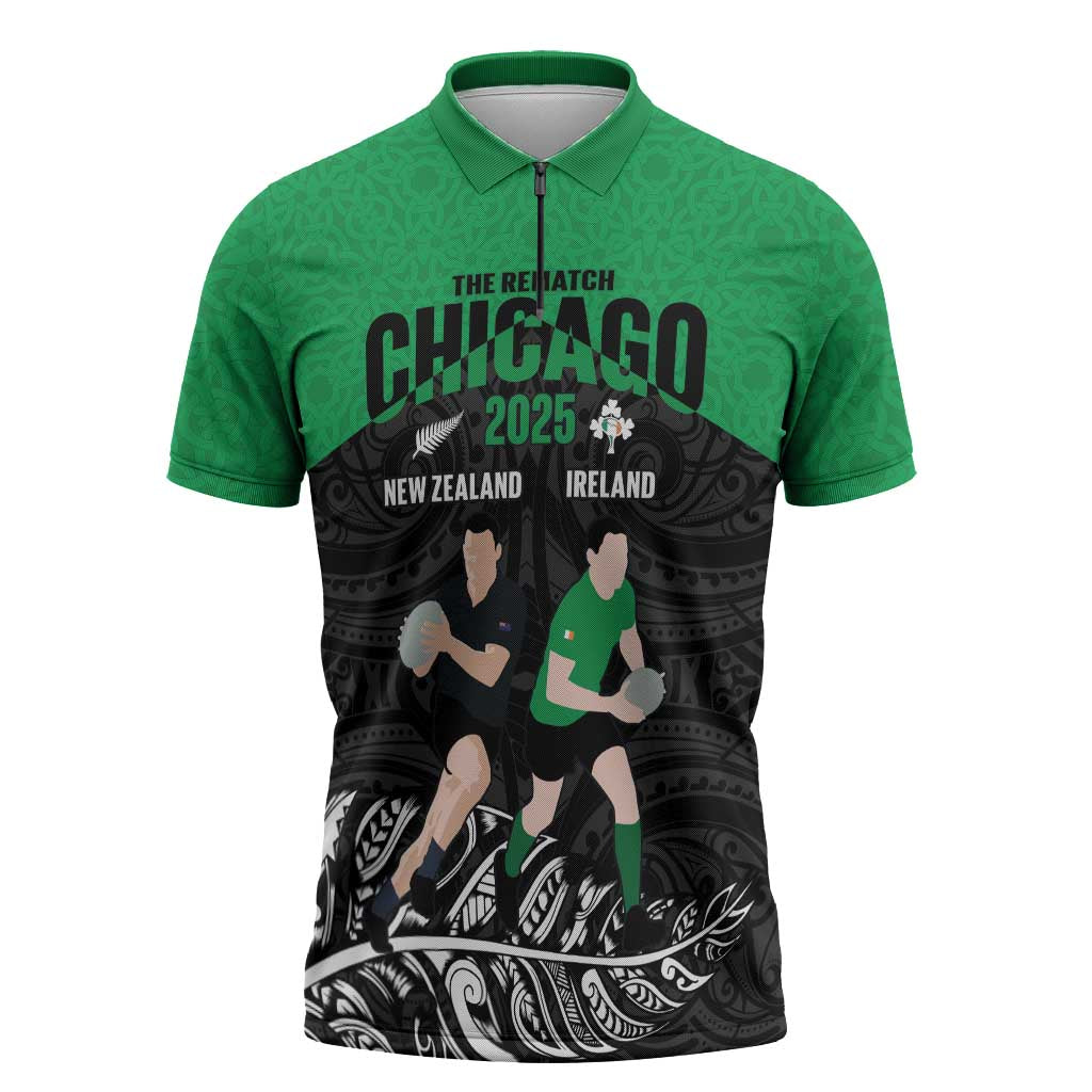 New Zealand and Ireland Rugby Custom Zipper Polo Shirt Chicago 2025 Go All Black Shamrocks - Aussie Hoodie