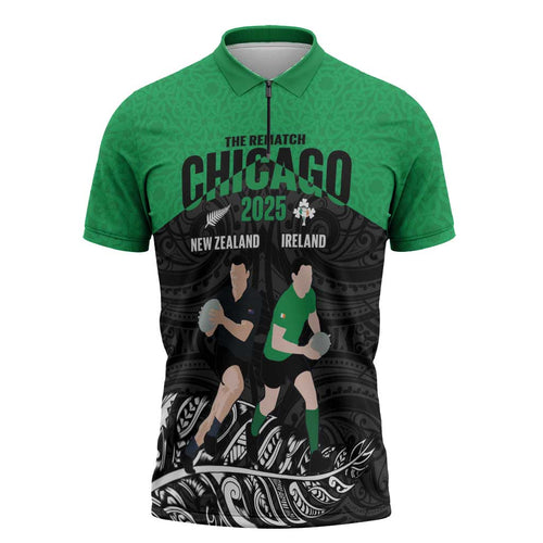 New Zealand and Ireland Rugby Custom Zipper Polo Shirt Chicago 2025 Go All Black Shamrocks - Aussie Hoodie
