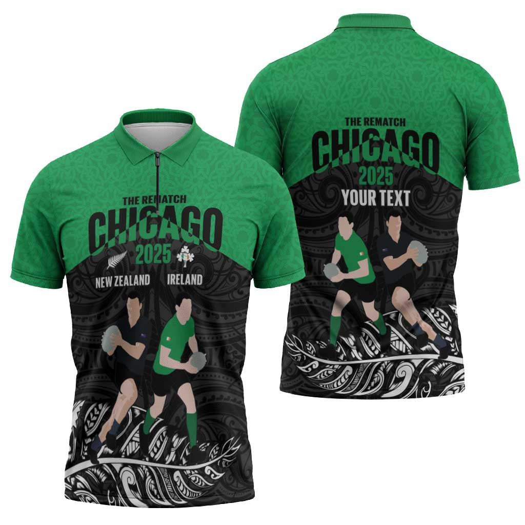 New Zealand and Ireland Rugby Custom Zipper Polo Shirt Chicago 2025 Go All Black Shamrocks - Aussie Hoodie