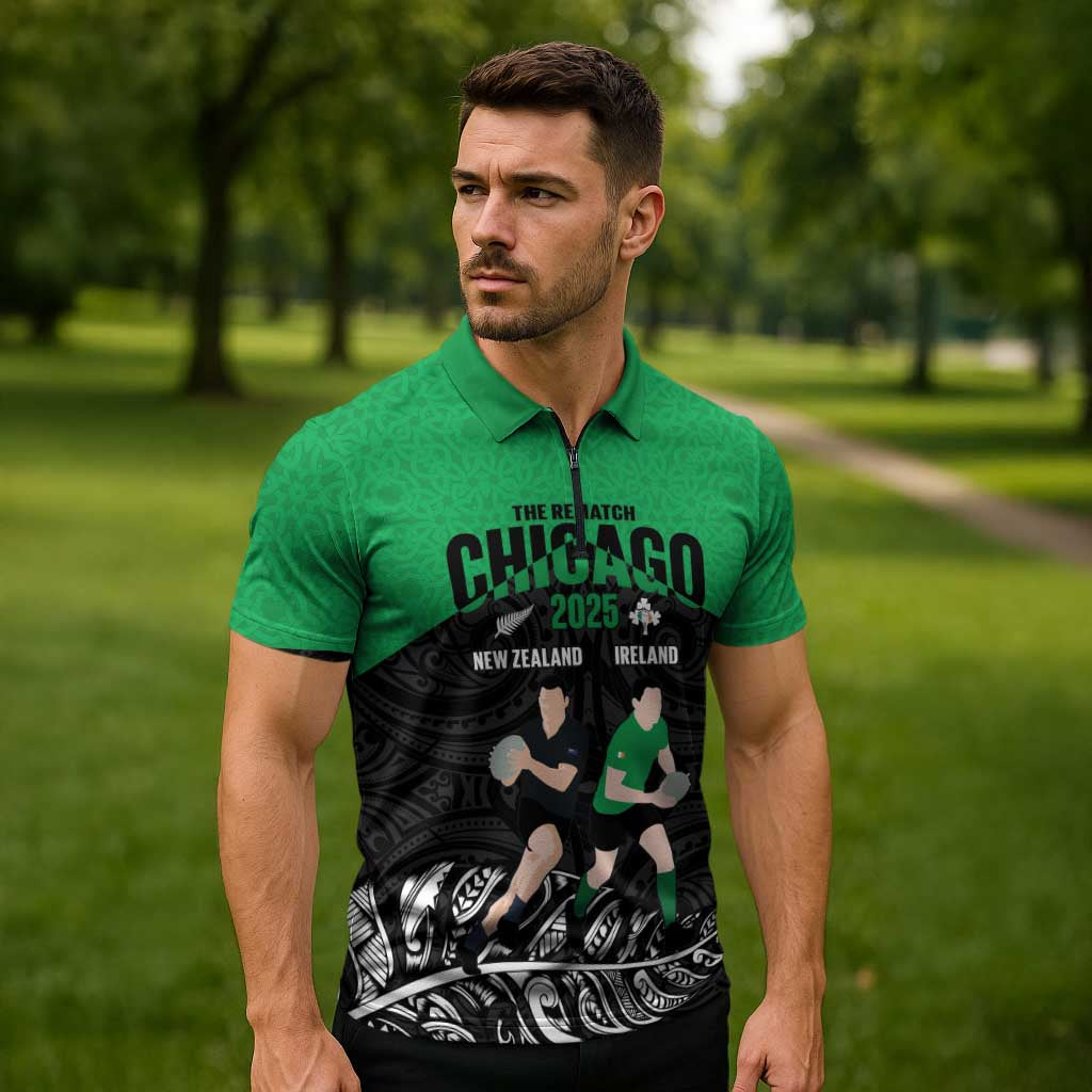 New Zealand and Ireland Rugby Custom Zipper Polo Shirt Chicago 2025 Go All Black Shamrocks - Aussie Hoodie