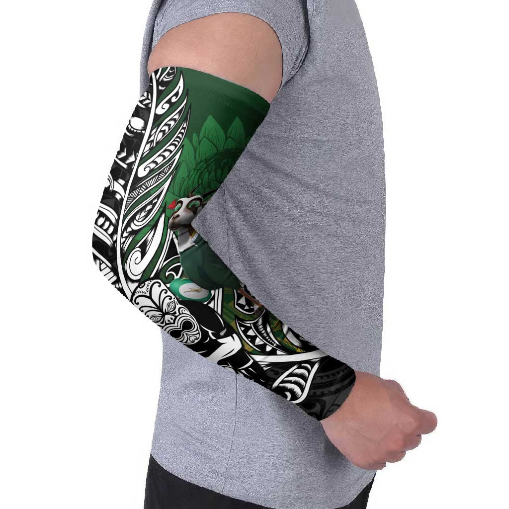 New Zealand and South Africa Rugby Custom Arm Sleeves Maori Tiki Fern Springboks Kente Pattern - Aussie Hoodie