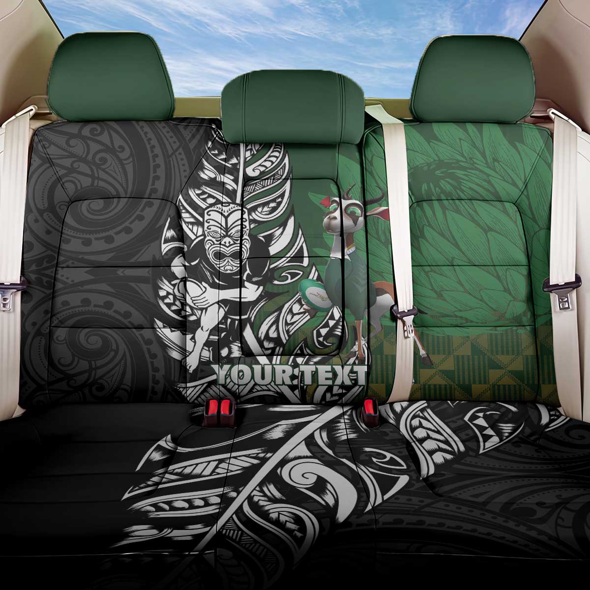 New Zealand and South Africa Rugby Custom Back Car Seat Cover Maori Tiki Fern Springboks Kente Pattern - Aussie Hoodie