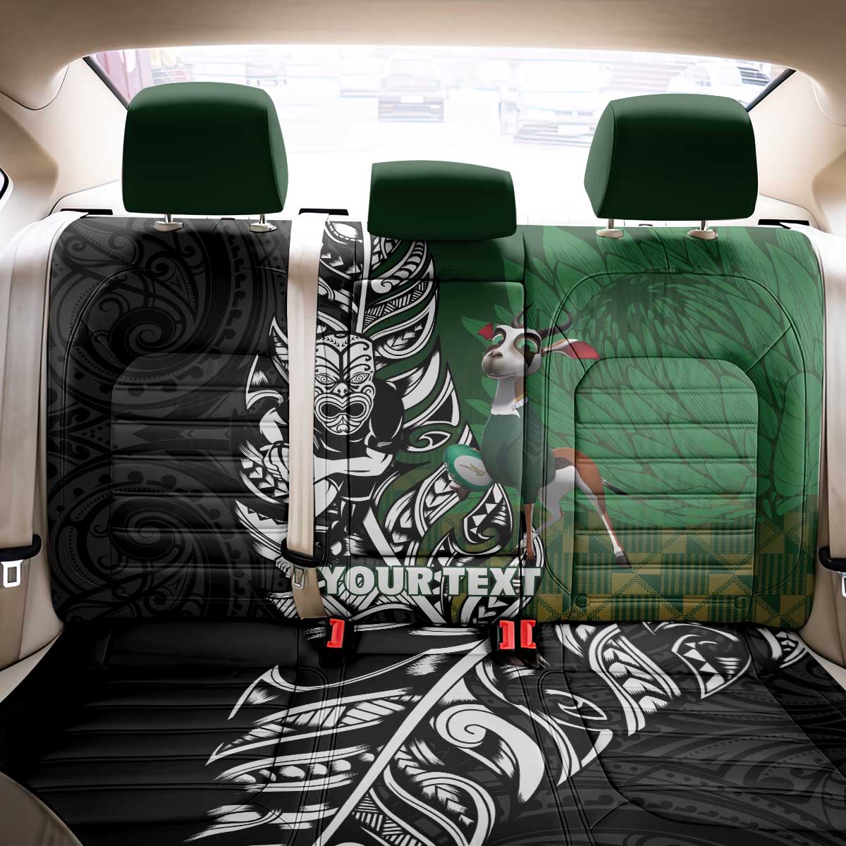 New Zealand and South Africa Rugby Custom Back Car Seat Cover Maori Tiki Fern Springboks Kente Pattern - Aussie Hoodie
