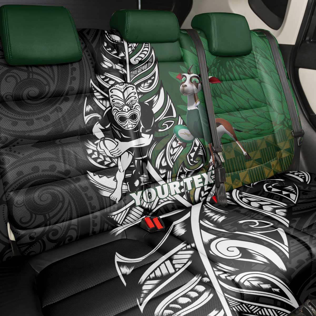 New Zealand and South Africa Rugby Custom Back Car Seat Cover Maori Tiki Fern Springboks Kente Pattern - Aussie Hoodie