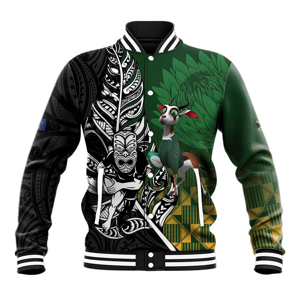 New Zealand and South Africa Rugby Custom Baseball Jacket Maori Tiki Fern Springboks Kente Pattern - Aussie Hoodie