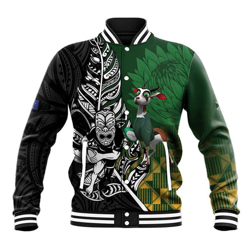 New Zealand and South Africa Rugby Custom Baseball Jacket Maori Tiki Fern Springboks Kente Pattern - Aussie Hoodie