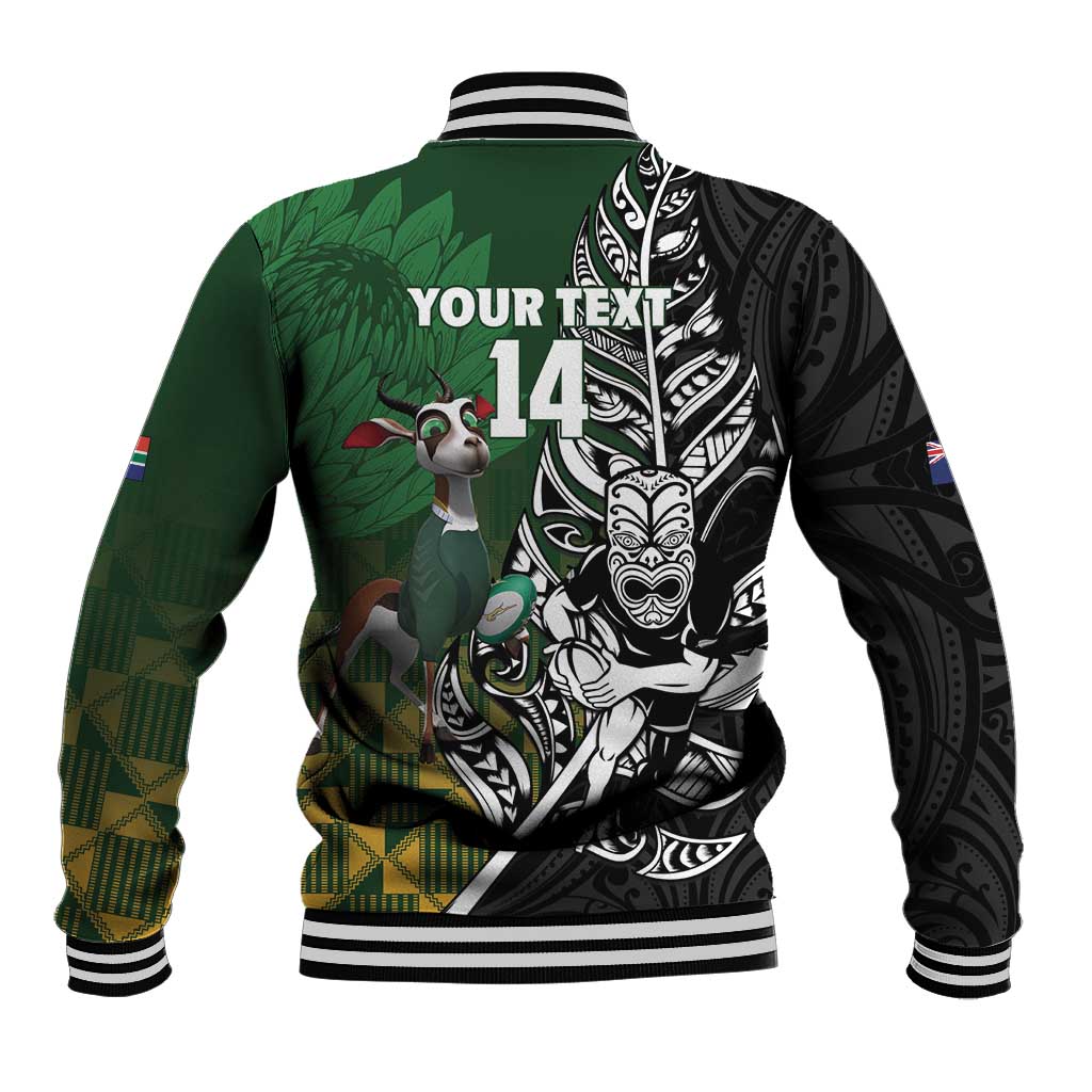 New Zealand and South Africa Rugby Custom Baseball Jacket Maori Tiki Fern Springboks Kente Pattern - Aussie Hoodie