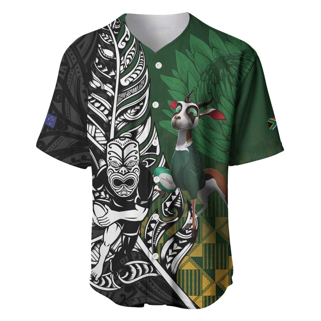 New Zealand and South Africa Rugby Custom Baseball Jersey Maori Tiki Fern Springboks Kente Pattern - Aussie Hoodie