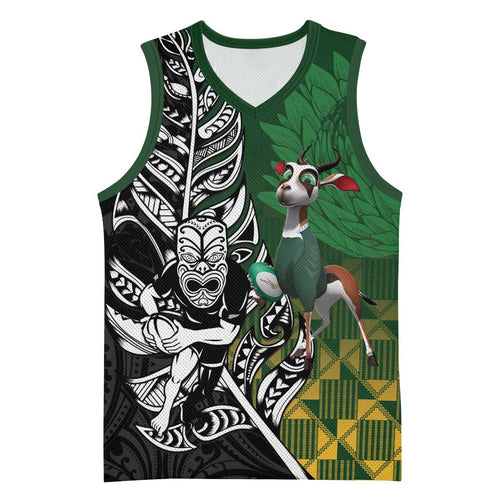 New Zealand and South Africa Rugby Custom Basketball Jersey Maori Tiki Fern Springboks Kente Pattern - Aussie Hoodie