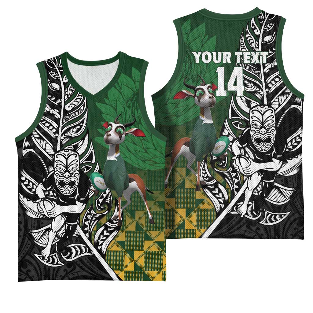 New Zealand and South Africa Rugby Custom Basketball Jersey Maori Tiki Fern Springboks Kente Pattern - Aussie Hoodie
