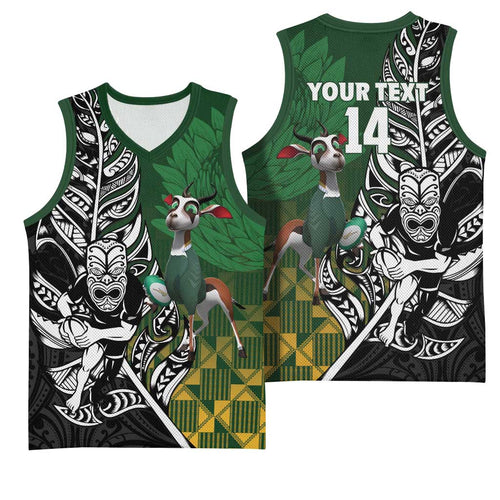 New Zealand and South Africa Rugby Custom Basketball Jersey Maori Tiki Fern Springboks Kente Pattern - Aussie Hoodie