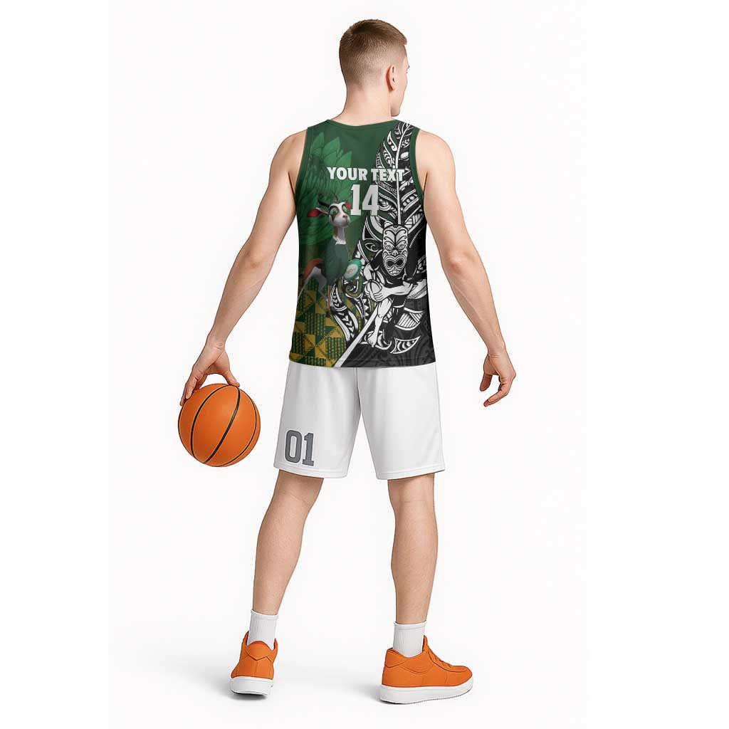 New Zealand and South Africa Rugby Custom Basketball Jersey Maori Tiki Fern Springboks Kente Pattern - Aussie Hoodie