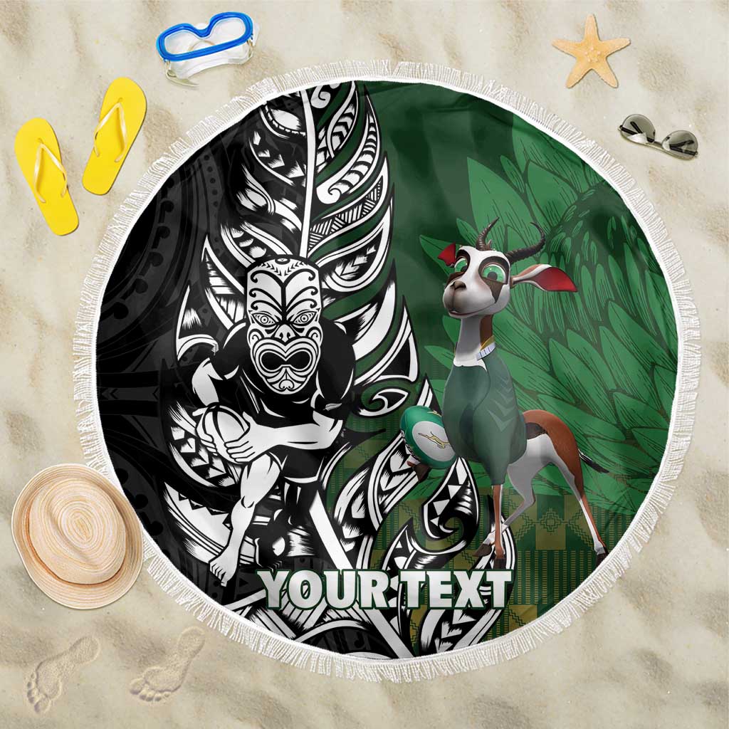 New Zealand and South Africa Rugby Custom Beach Blanket Maori Tiki Fern Springboks Kente Pattern - Aussie Hoodie