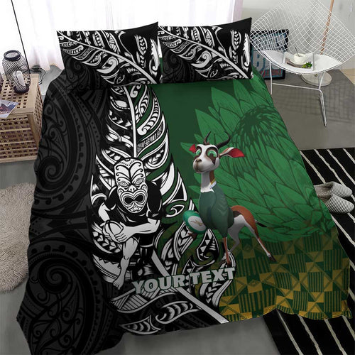 New Zealand and South Africa Rugby Custom Bedding Set Maori Tiki Fern Springboks Kente Pattern - Aussie Hoodie