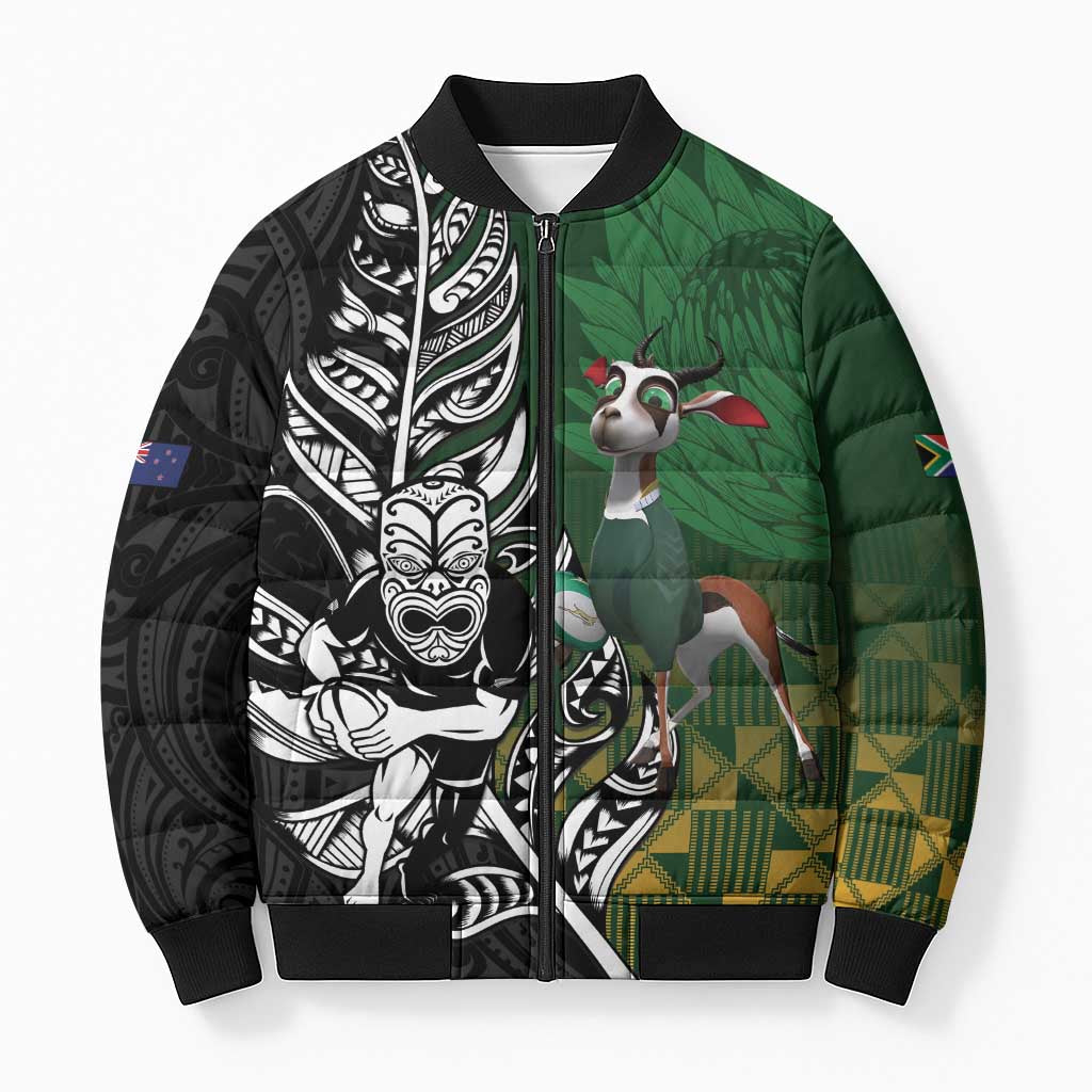 New Zealand and South Africa Rugby Custom Bomber Puffer Jacket Maori Tiki Fern Springboks Kente Pattern - Aussie Hoodie