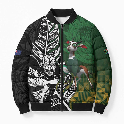 New Zealand and South Africa Rugby Custom Bomber Puffer Jacket Maori Tiki Fern Springboks Kente Pattern - Aussie Hoodie