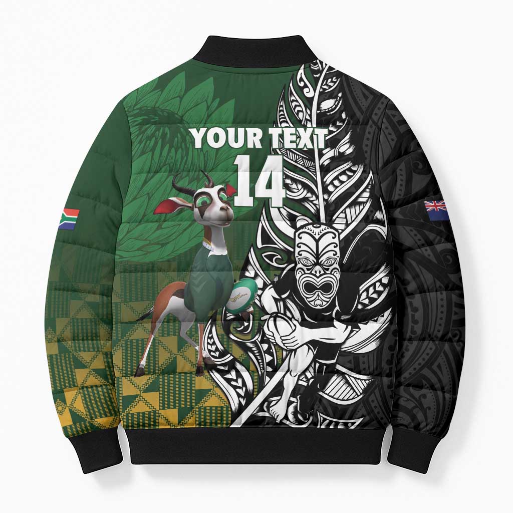 New Zealand and South Africa Rugby Custom Bomber Puffer Jacket Maori Tiki Fern Springboks Kente Pattern - Aussie Hoodie